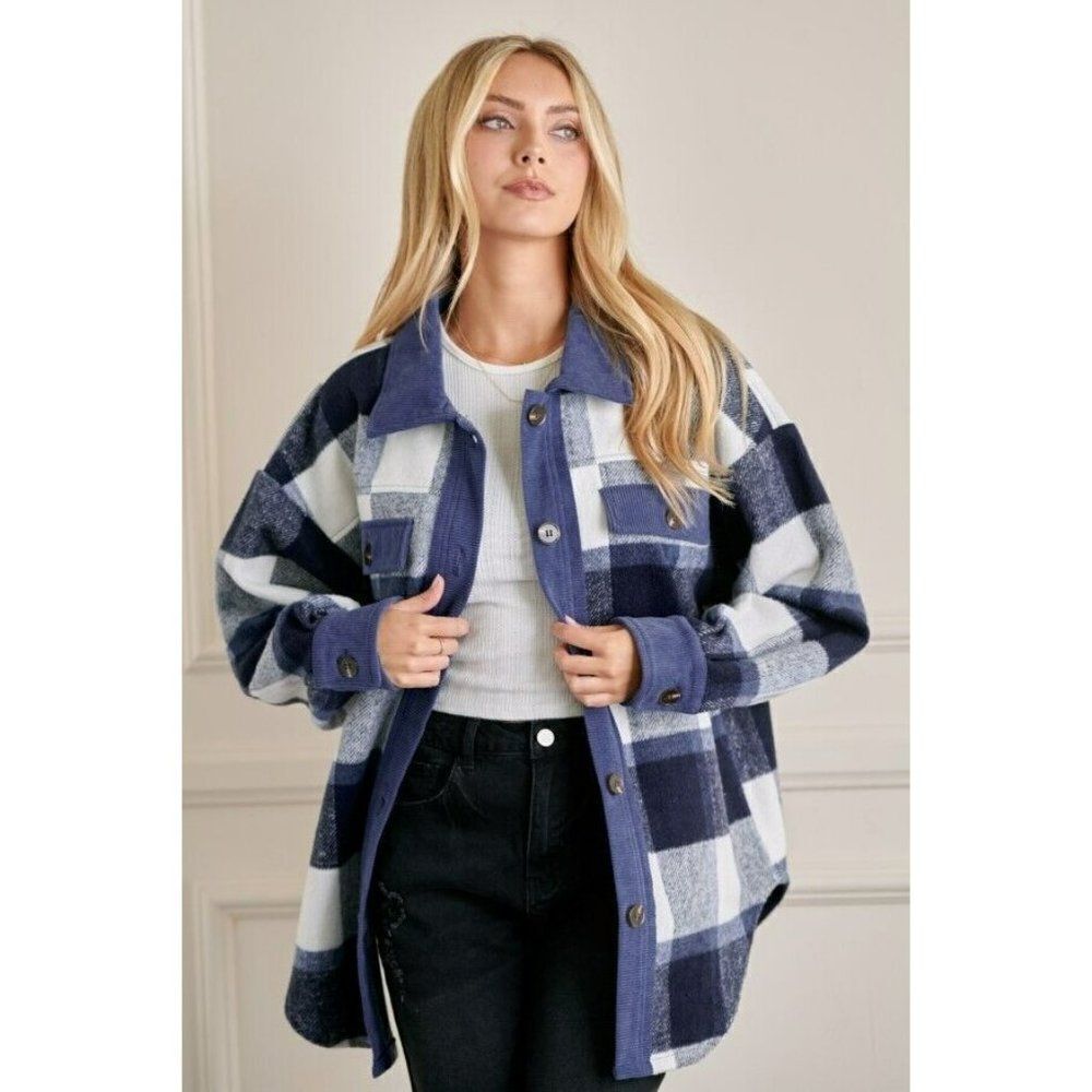 GeeGee Clothing Denim Blue Plaid Button Up Shirt Jacket Shacket  S-L SJ1798
